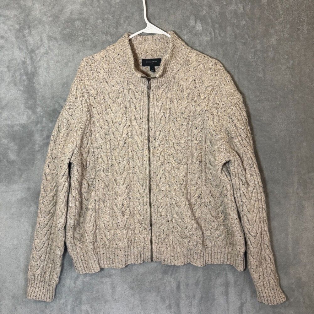 Banana Republic Men's L Beige Speckled Cable Knit Full Zip Sweater Wool Blend